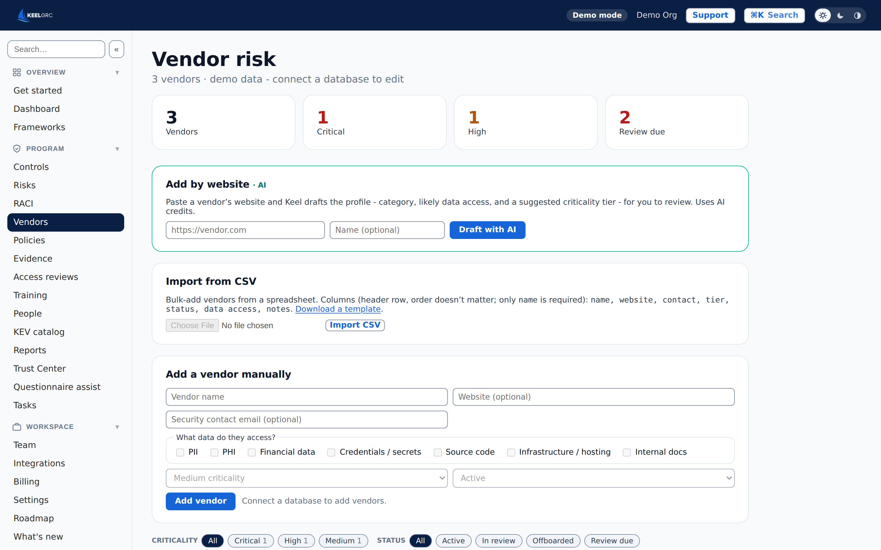 Keel vendor risk view listing third parties by criticality with review cadences and an AI draft-from-website tool